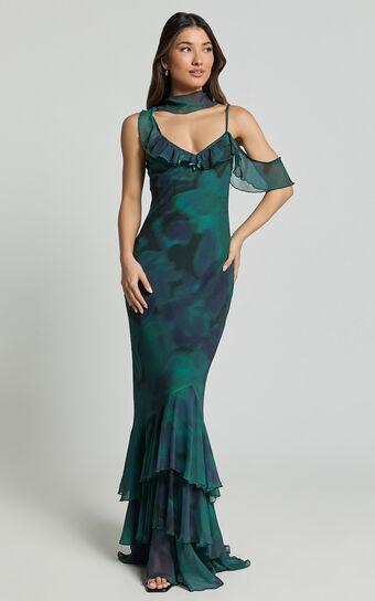 Riley Maxi Dress - Asymmetric Ruffle Detail Maxi Dress in Moss Adeana Product Image