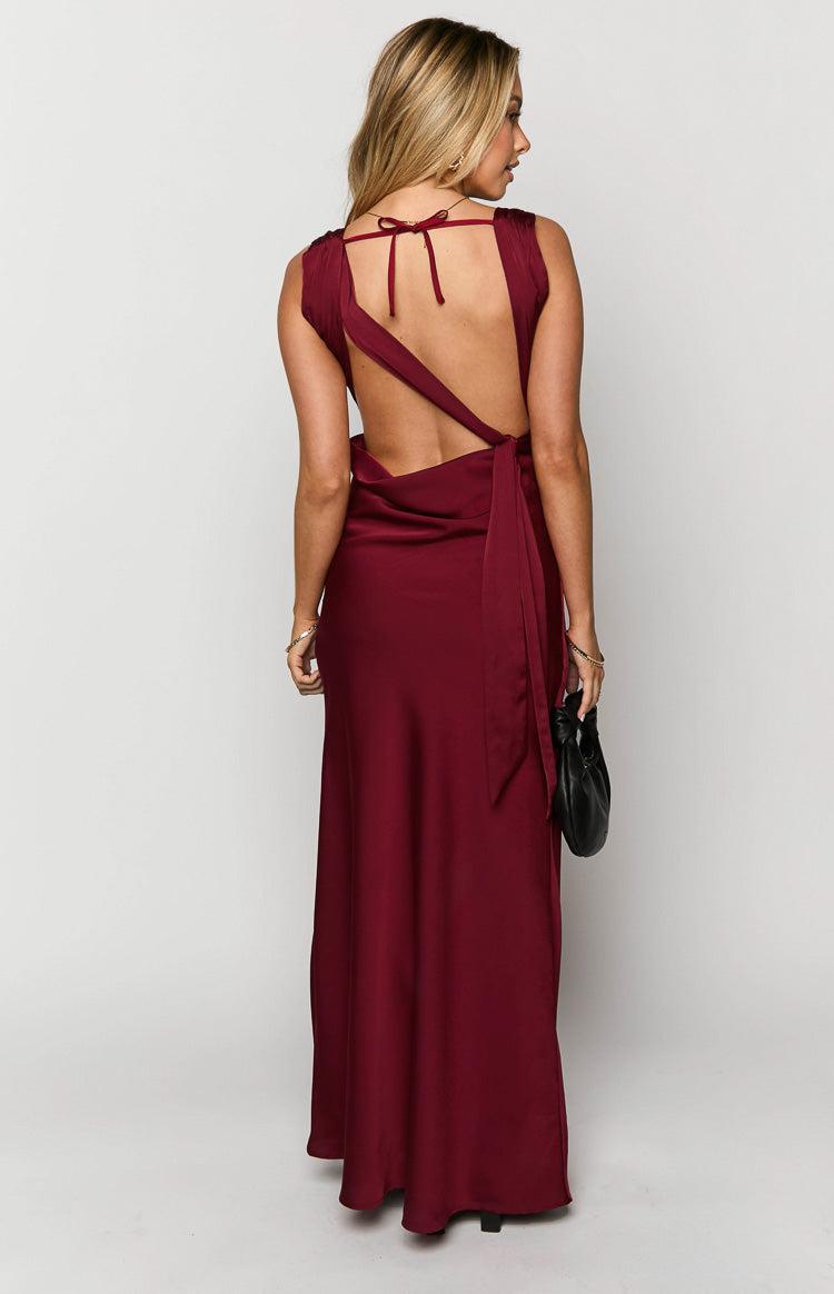 Laria Wine Satin Formal Maxi Dress Product Image