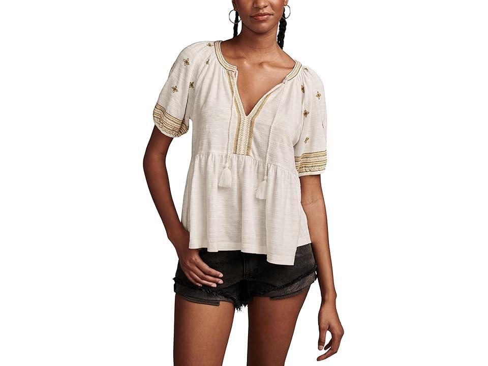 Lucky Brand Easy Embroidered Babydoll Top (Cream) Women's Clothing Product Image