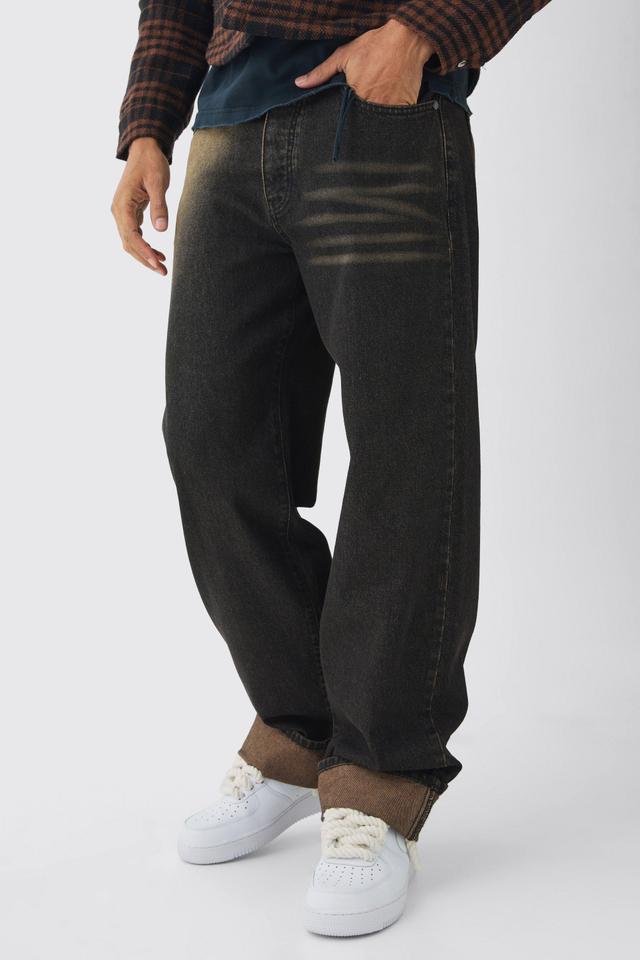 Relaxed Brown Spray Wash Turn Up Hem Jeans | boohooMAN USA Product Image