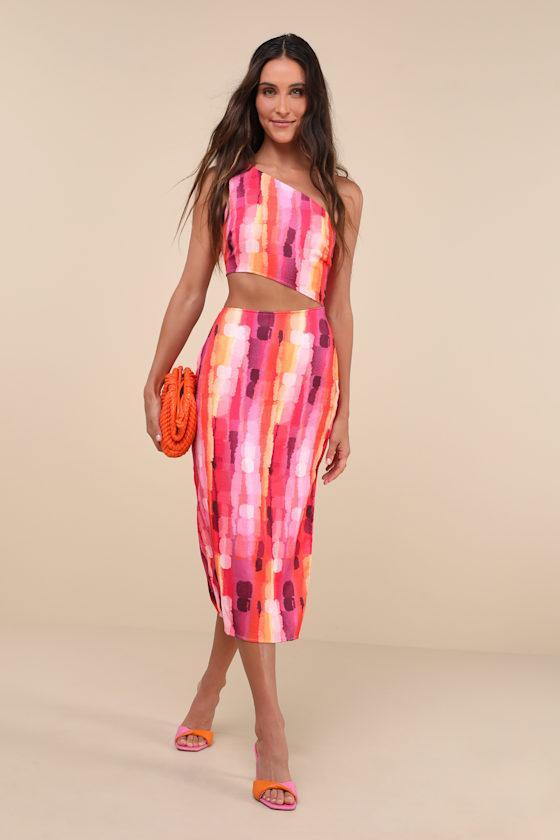 Luminous Vibes Hot Pink Abstract One-Shoulder Cutout Midi Dress Product Image