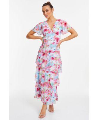 Quiz Womens Chiffon Floral V-Neck Frill Maxi Dress Product Image