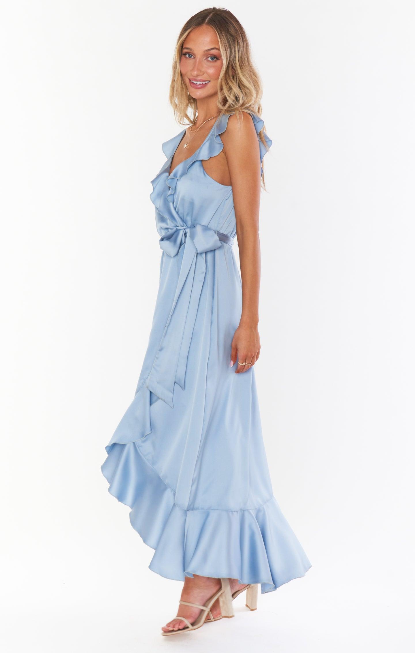 Samantha Ruffle Wrap Dress ~ Steel Blue Luxe Satin Product Image