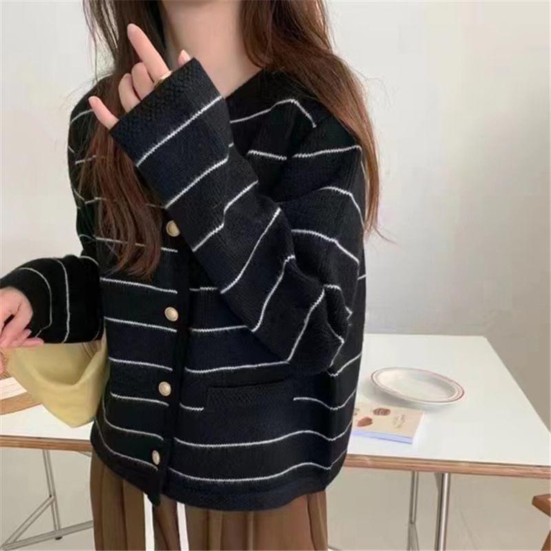 Round Neck Striped Cardigan Product Image