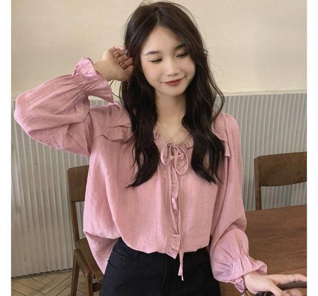 Long-Sleeve Tie-Neck Plain Frill Trim Blouse Product Image