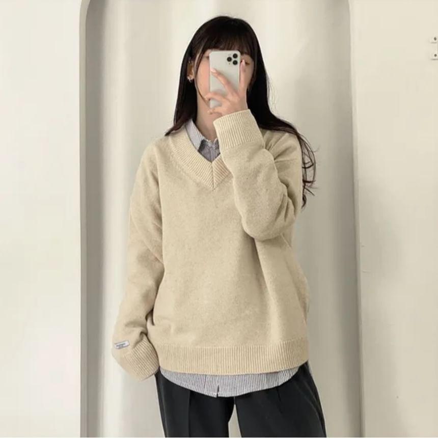 V-Neck Plain Sweater Product Image