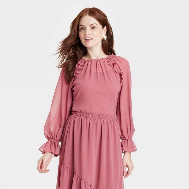 Womens Long Sleeve Ruffle Blouse - A New Day Rose XL Product Image