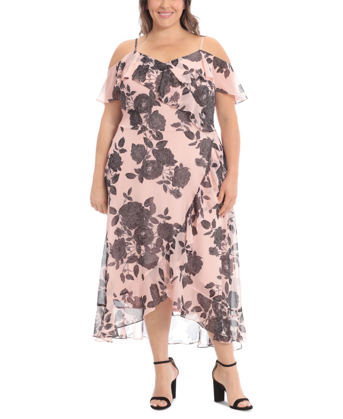 London Times Plus Size Printed Cold-Shoulder Ruffled Dress - Blush Product Image