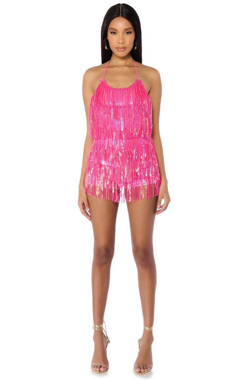 FLAPPER FRINGE ROMPER IN HOT PINK Product Image