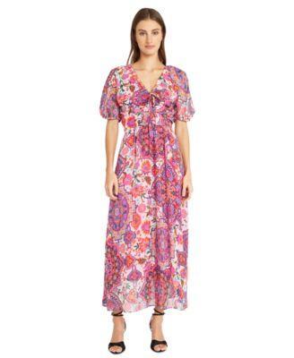 Donna Morgan Womens Printed Tie-Neck Puff-Sleeve Midi Dress Product Image