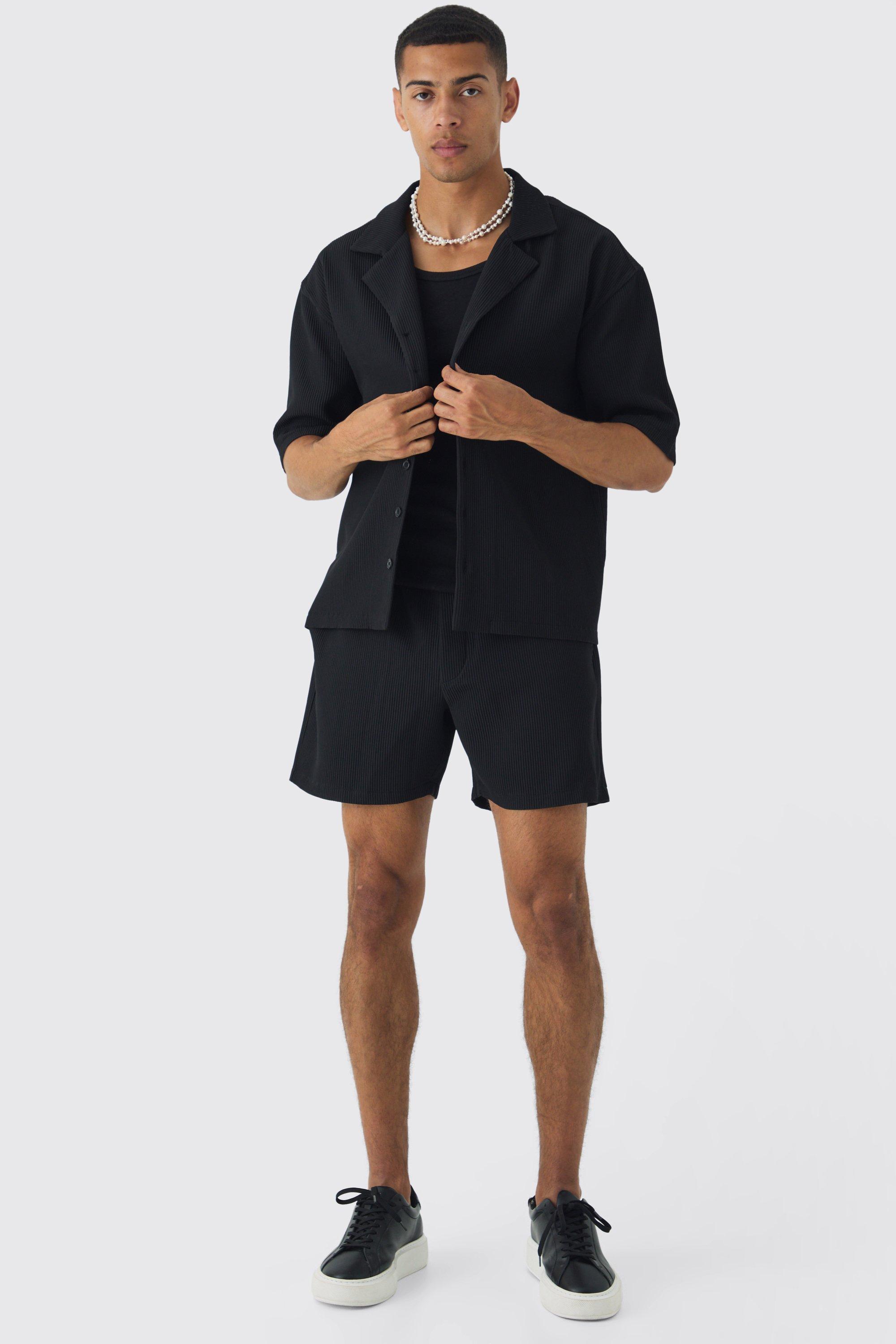 Oversized Revere Pleated Shirt & Short Set | boohooMAN USA Product Image