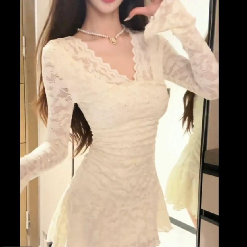 Long-Sleeve V-Neck Rhinestone Lace Mini A-Line Dress Product Image