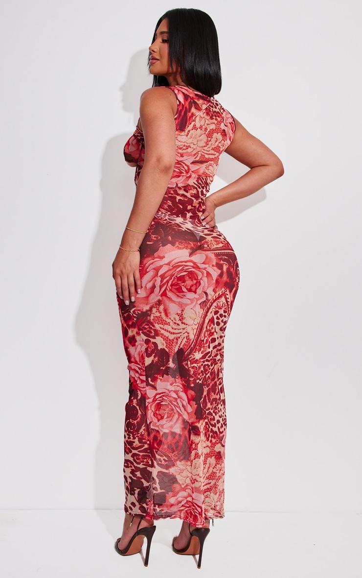  Shape Pink Printed Mesh Sleeveless Tie Front Cut Out Maxi Dress Product Image