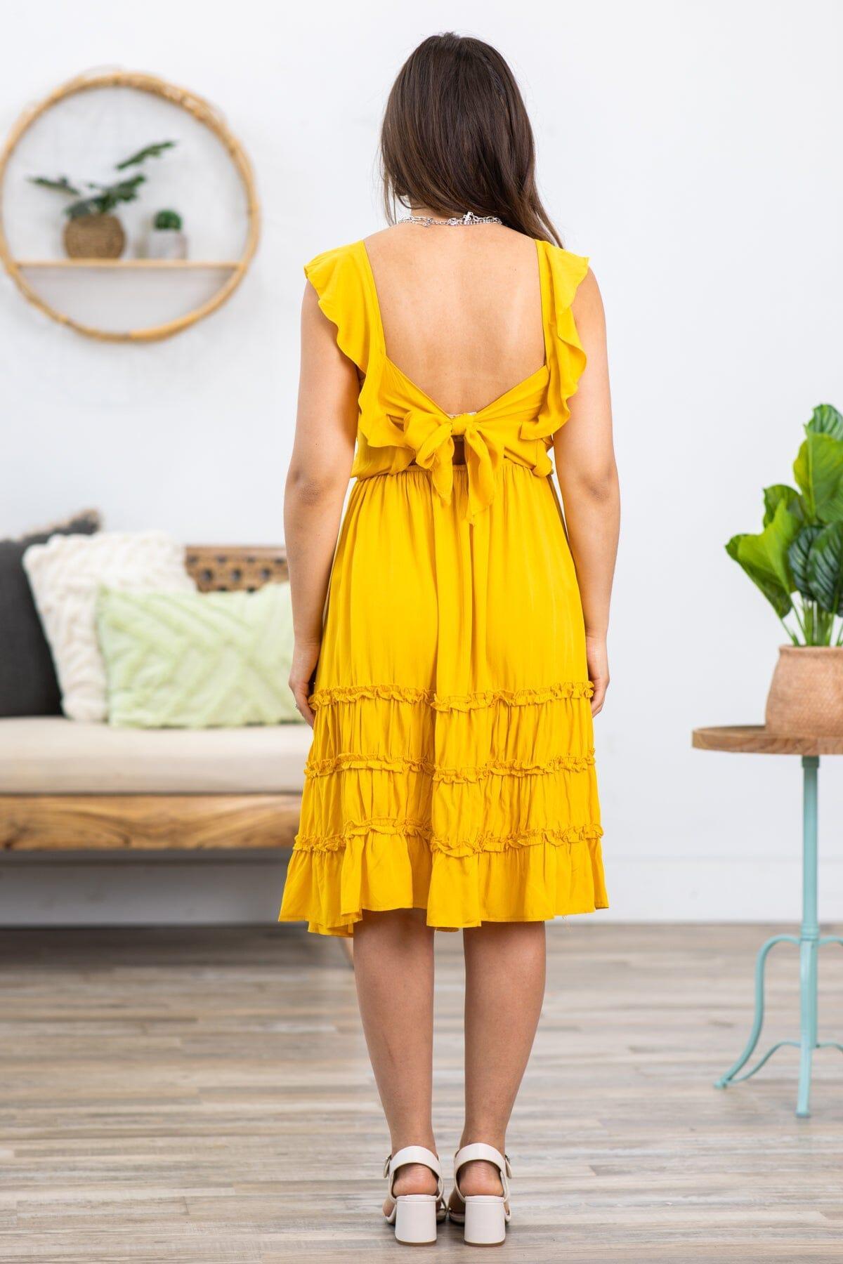 Golden Yellow Smocked Bodice Tie Back Dress Product Image