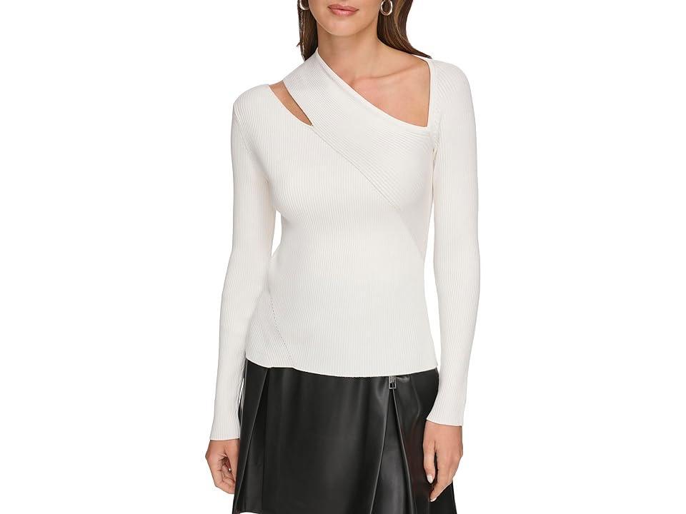 DKNY Long Sleeve Ribbed Cutout Sweater (Ivory) Women's Clothing Product Image