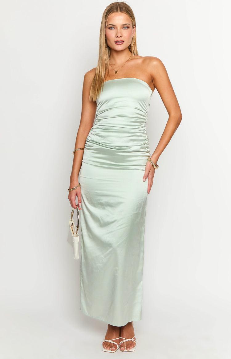 Sage Bloom Satin Strapless Maxi Dress Product Image