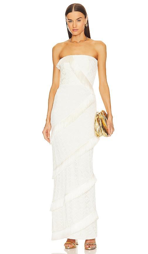 PatBO Strapless Fringe Trim Maxi Dress in Ivory. Size 0, 10, 12, 2, 4, 8. Product Image