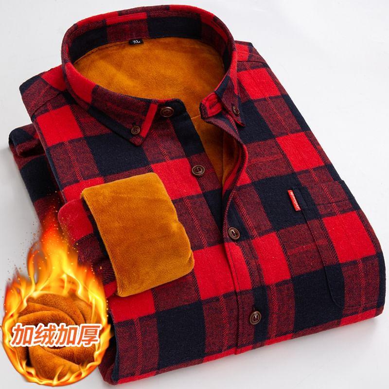 Long Sleeve Collared Plaid Fleece Lined Button Shirt product image