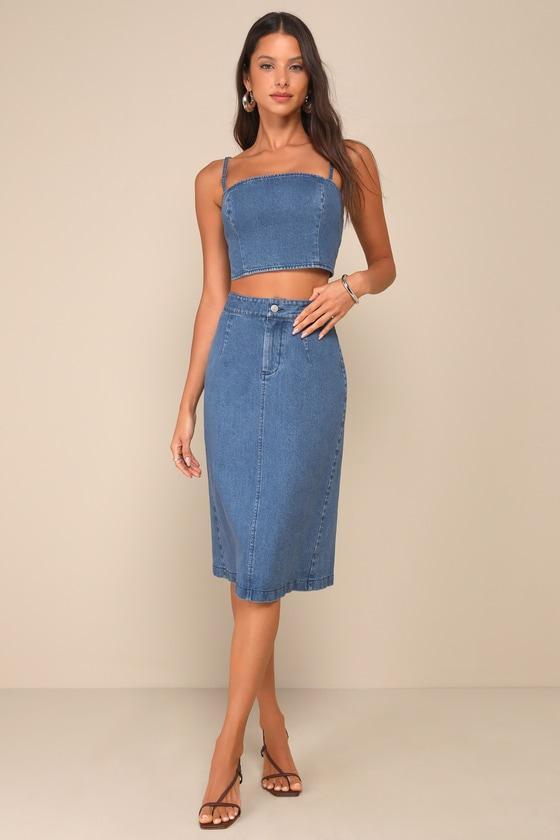 Poised Pairing Medium Wash Denim Two-Piece Midi Dress Product Image