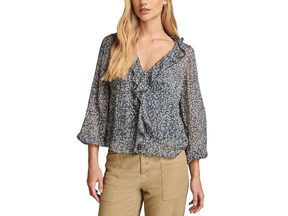 Lucky Brand Long Sleeve Button Front Ruffle Top (Blue Floral) Women's Clothing product image