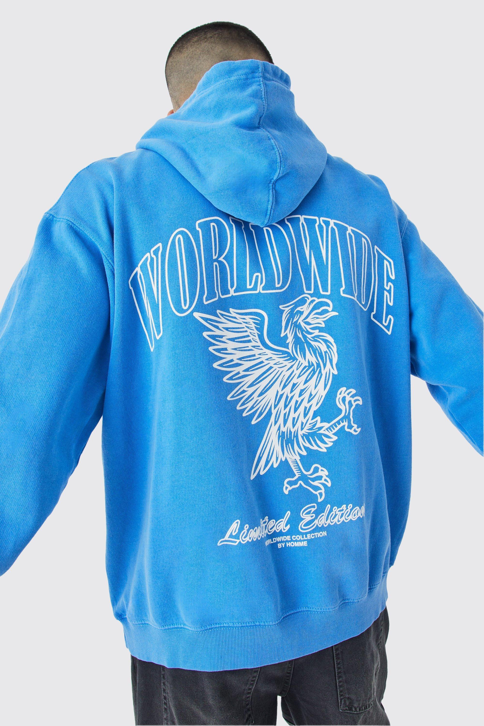 Mens Blue Oversized Overdye Worldwide Hoodie, Blue Product Image