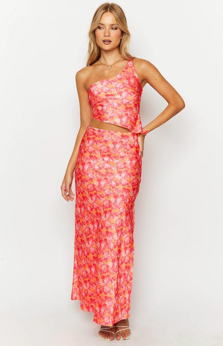 Claudi Orange And Pink Satin Maxi Skirt Product Image