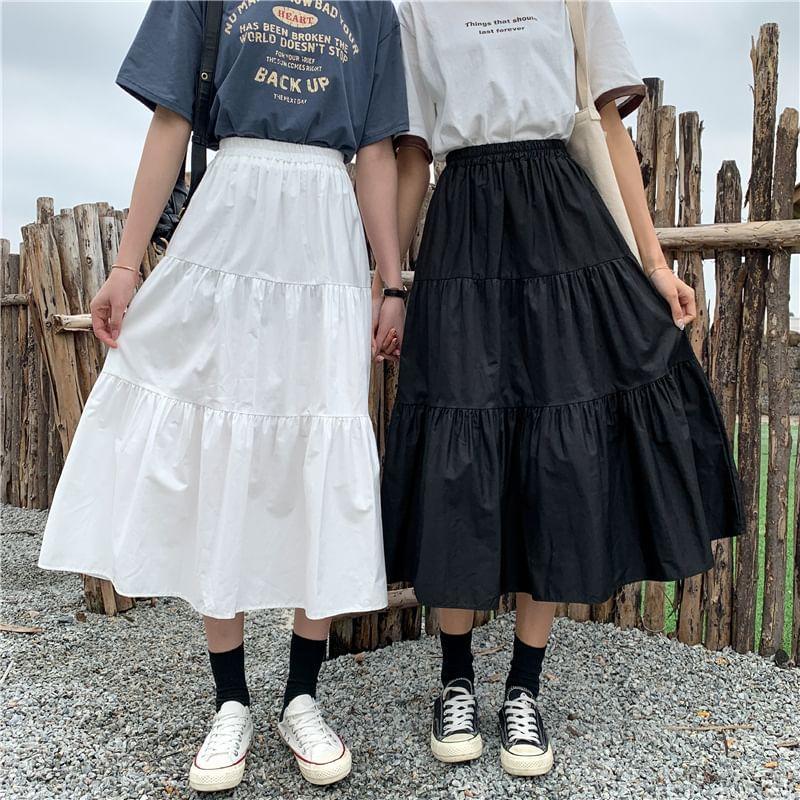 Elastic Waist Plain Midi A-Line Skirt Product Image