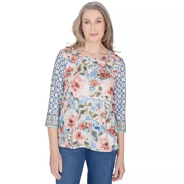 Womens Alfred Dunner Watercolor Floral Geo 3/4-Sleeve Top Product Image