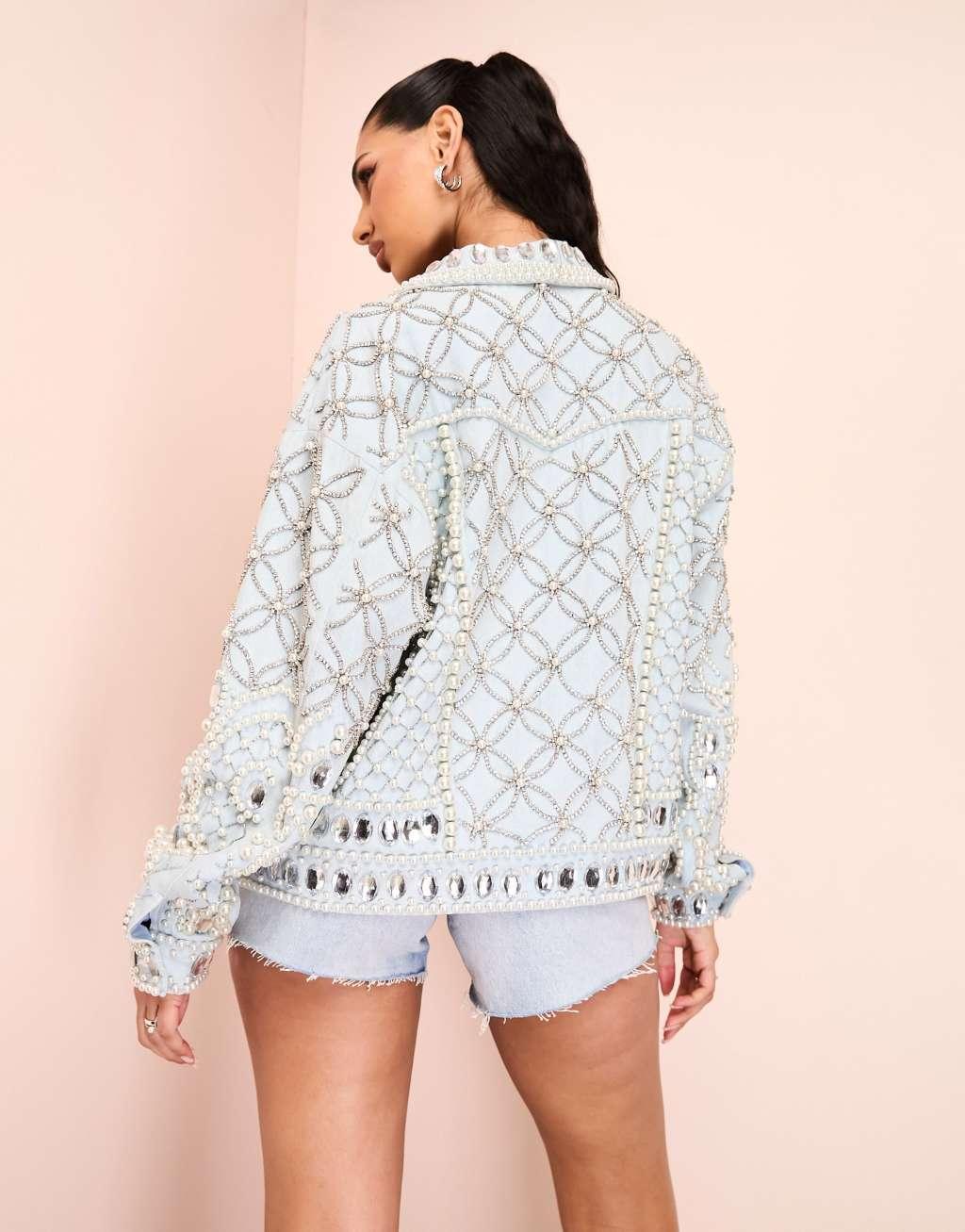 ASOS LUXE premium embellished denim jacket with encrusted diamante and pearl detail Product Image