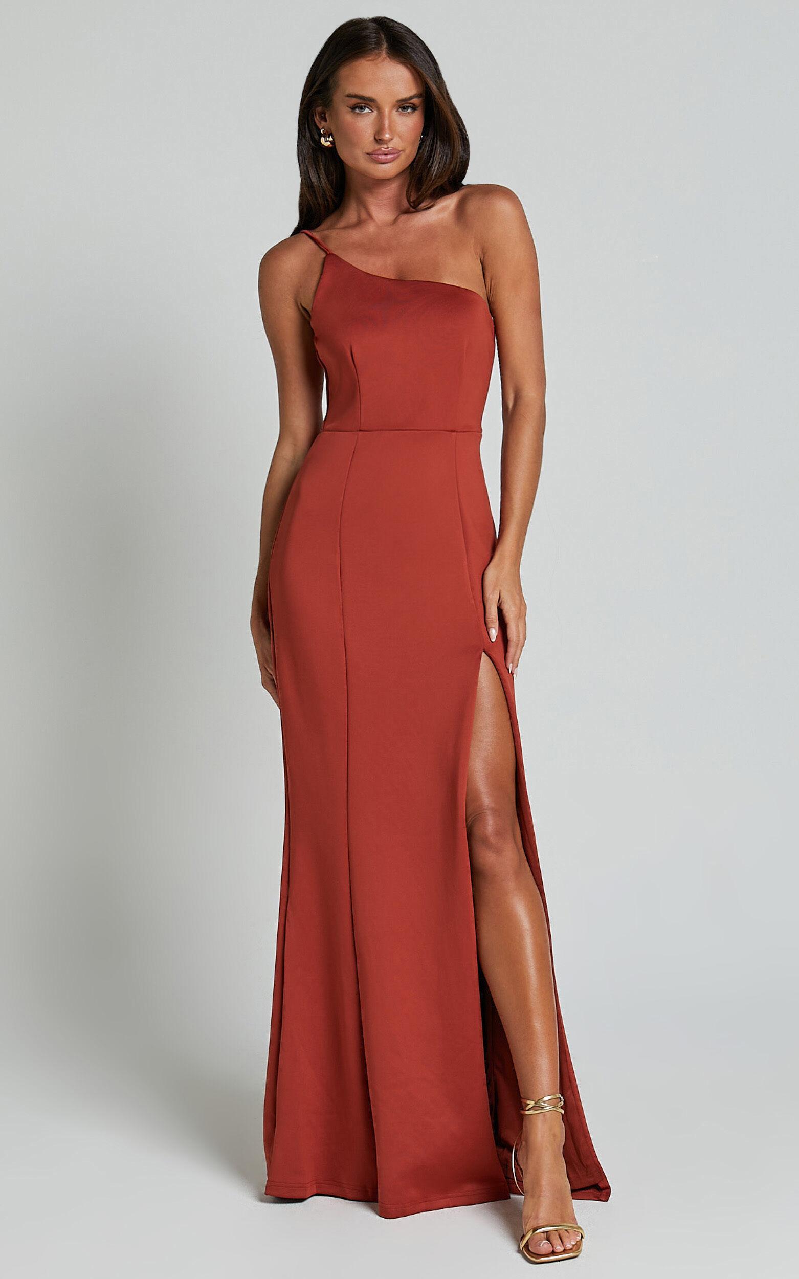 No Ones Fault Midi Dress - One Shoulder Thigh Split Dress in Rust Product Image