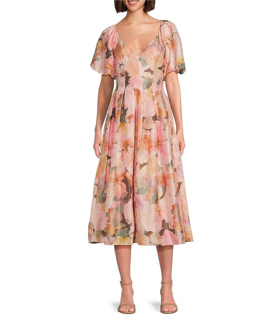 Julia Jordan Floral Sweetheart Neck Short Puff Sleeve Midi Dress Product Image