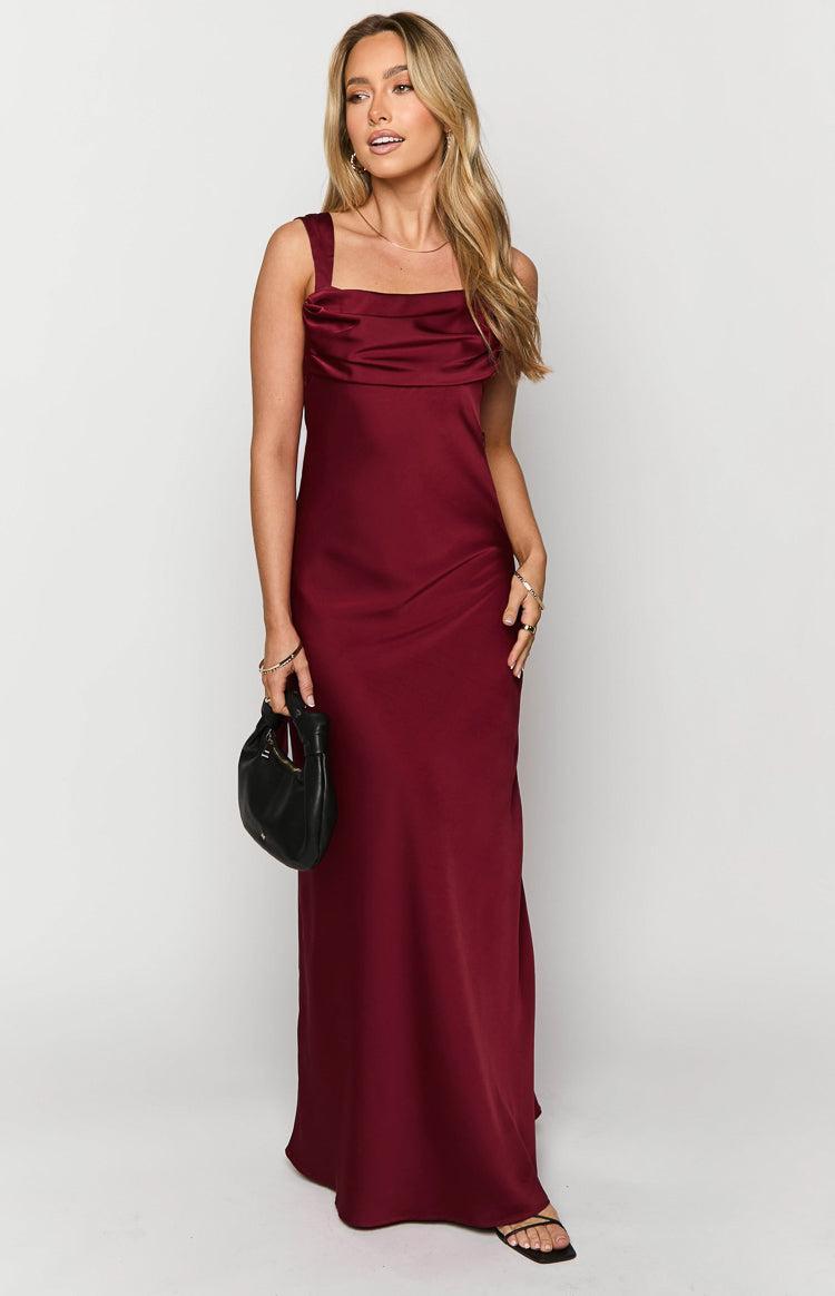 Laria Wine Satin Formal Maxi Dress Product Image