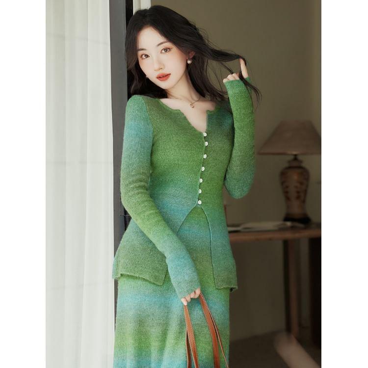 Set: Long-Sleeve Notch Neck Gradient Button Knit Top + High Rise Midi A-Line Knit Skirt Product Image