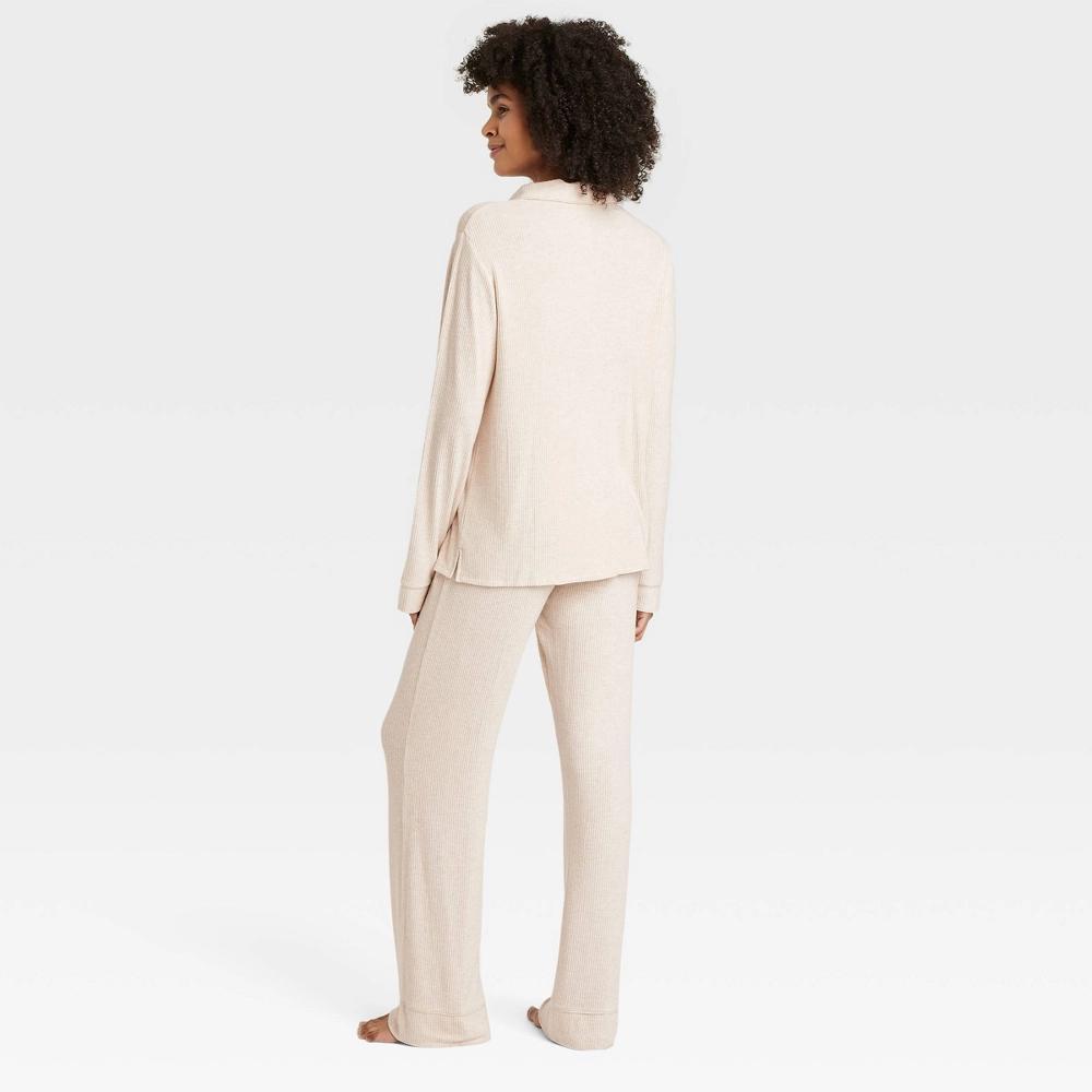 Womens Cozy Ribbed Long Sleeve Notch Collar Shirt and Pants Pajama Set - Auden Oatmeal XS Product Image