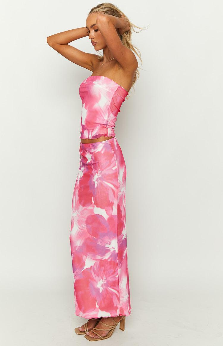 When In Rome Pink Floral Print Mesh Maxi Skirt Product Image