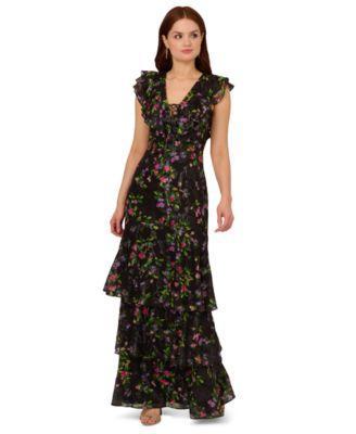 Women's Printed Flutter-Sleeve Tiered Gown Product Image