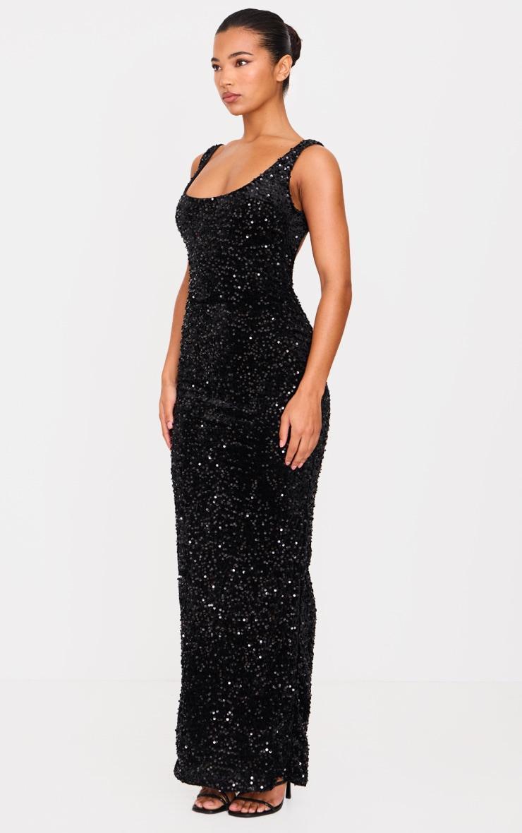 Black Velvet Sequin Embellished Scoop Back Maxi Dess Product Image