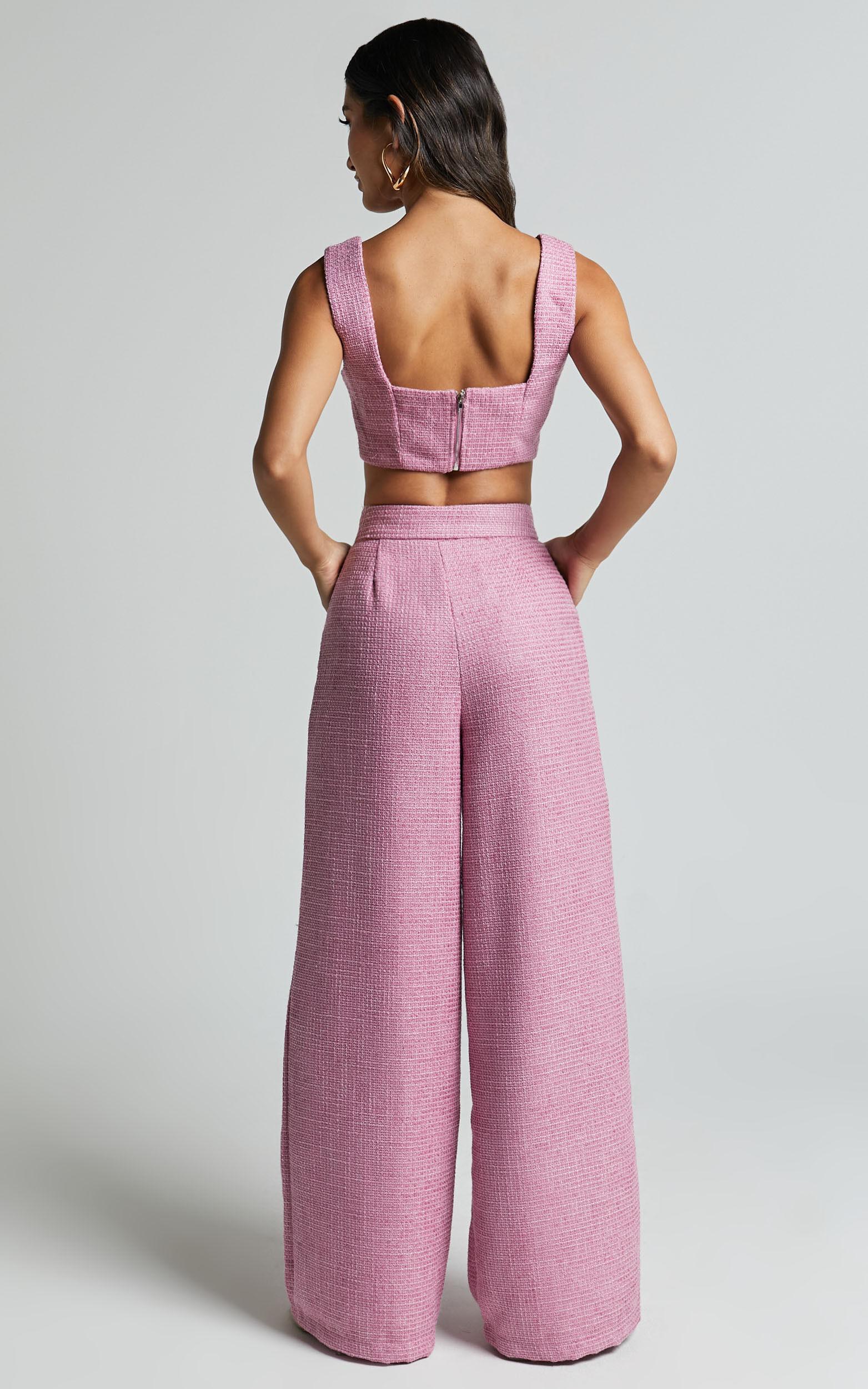 Amaris Two Piece Set - Button Detail Crop Top and Wide Leg Pants Set in Pink Product Image