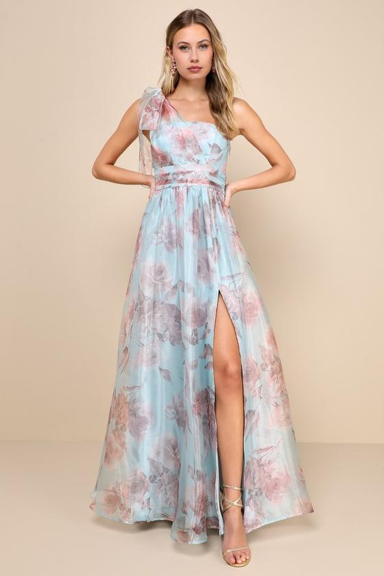 Dramatically Lovely Blue Floral Organza One-Shoulder Maxi Dress Product Image