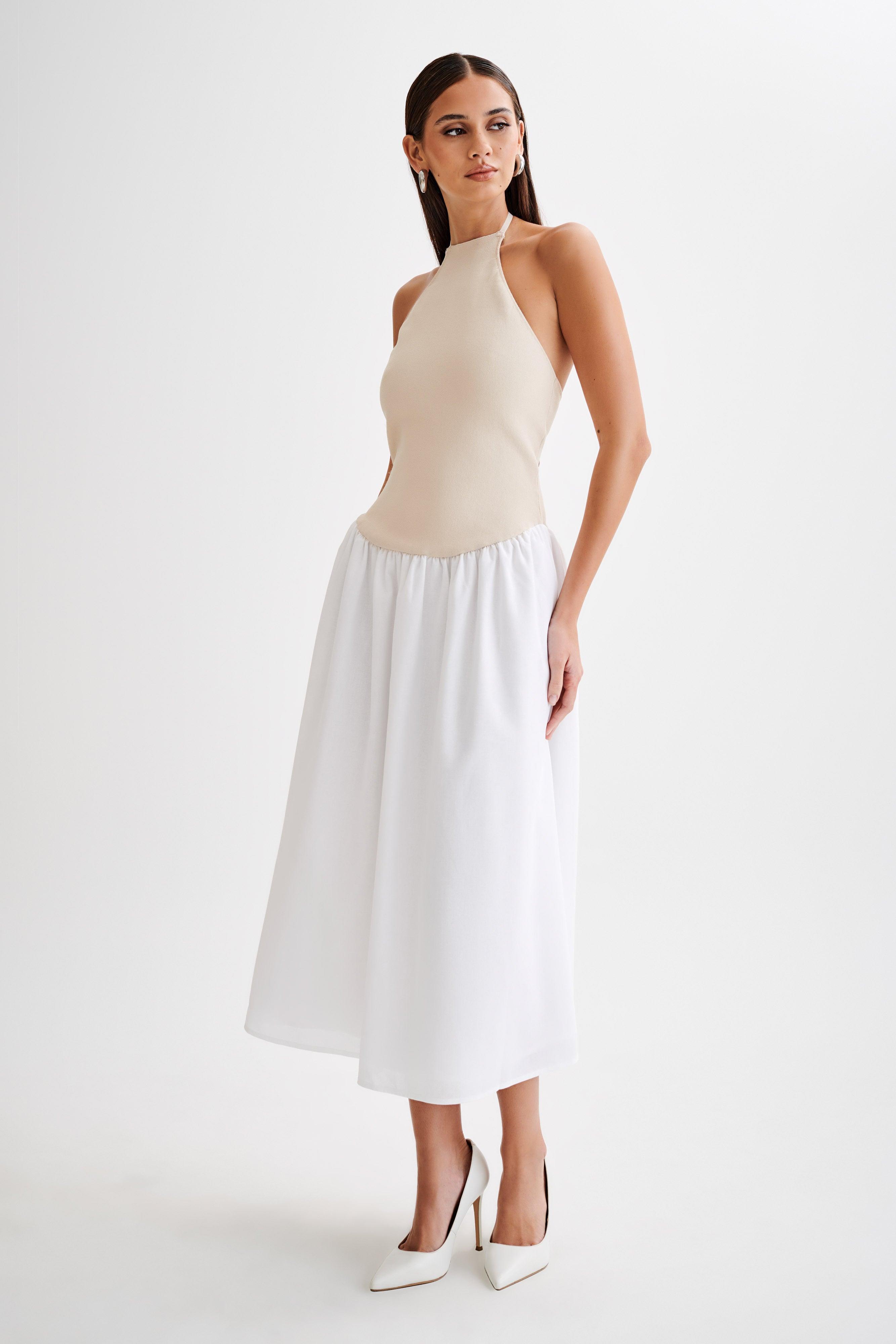 Katie Knit And Linen Midi Dress - Natural/White Product Image