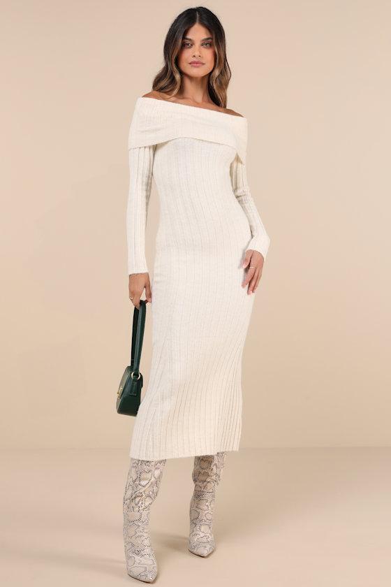 Snuggly Aura Cream Ribbed Off-the-Shoulder Sweater Maxi Dress Product Image