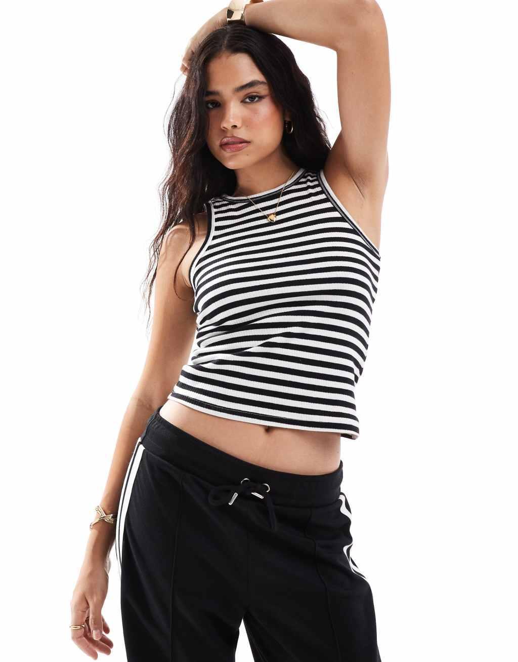 Pieces ribbed racer neck top in black and white stripe Product Image