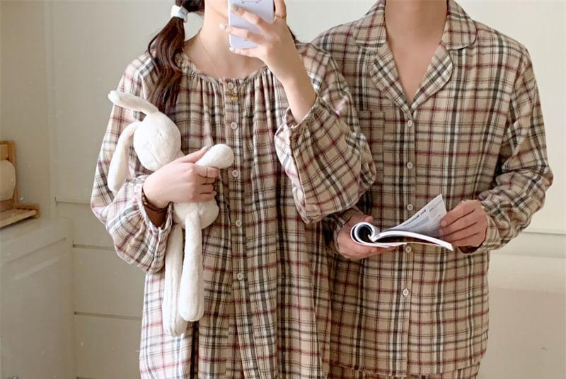 Couple Matching Pajama Set: Long-Sleeve Plaid Button-Up Top + Pants (Various Designs) Product Image