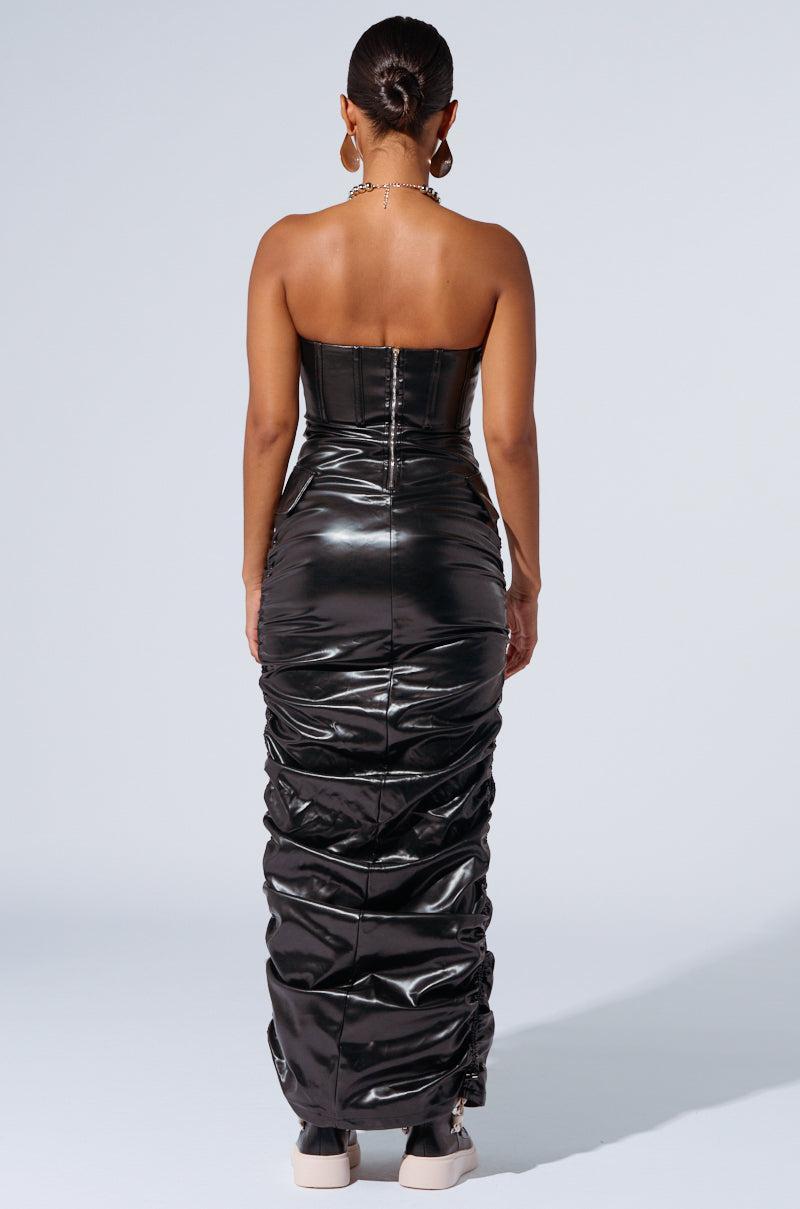 ASH STRAPLESS CARGO MAXI DRESS IN BLACK PU Product Image