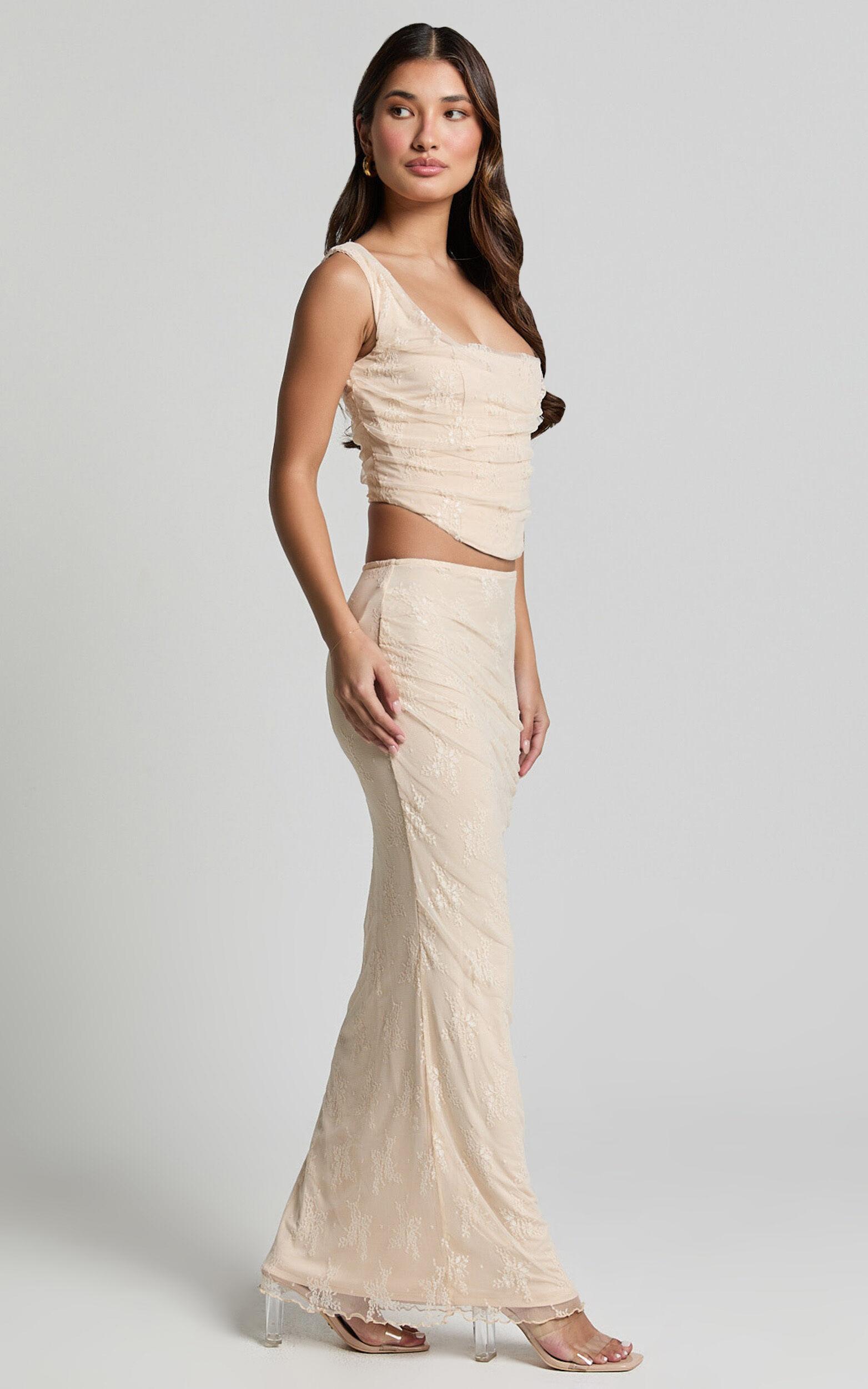 Eloise Two Piece Set - Lace Up Back Corset Top and Slip Skirt Lace Set in Champagne Product Image