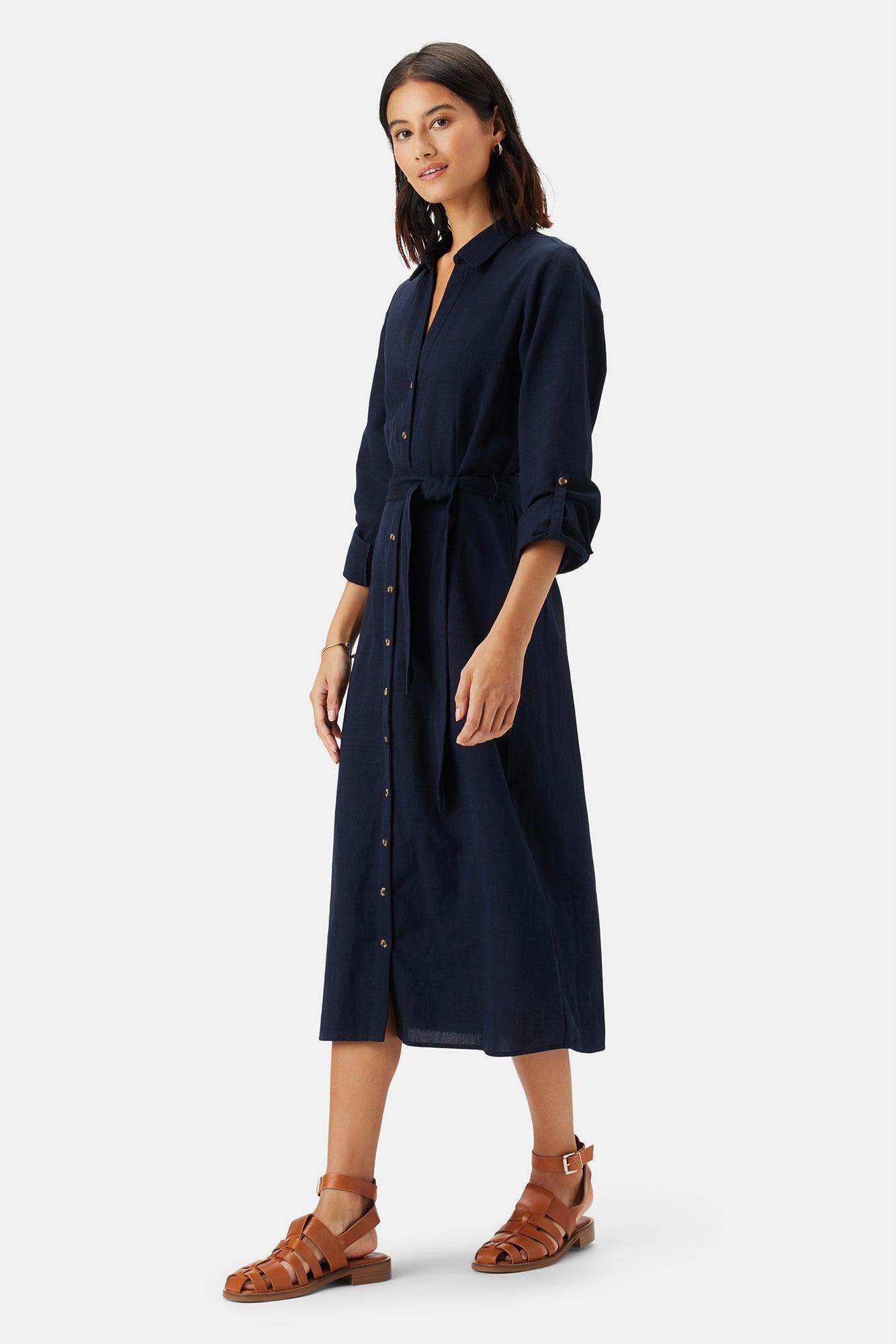 Joyce Cotton Linen Dress - Navy Blue Product Image