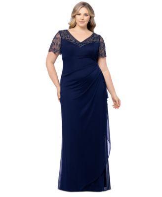 Plus Size Beaded Illusion-Sleeve V-Neck Gown Product Image