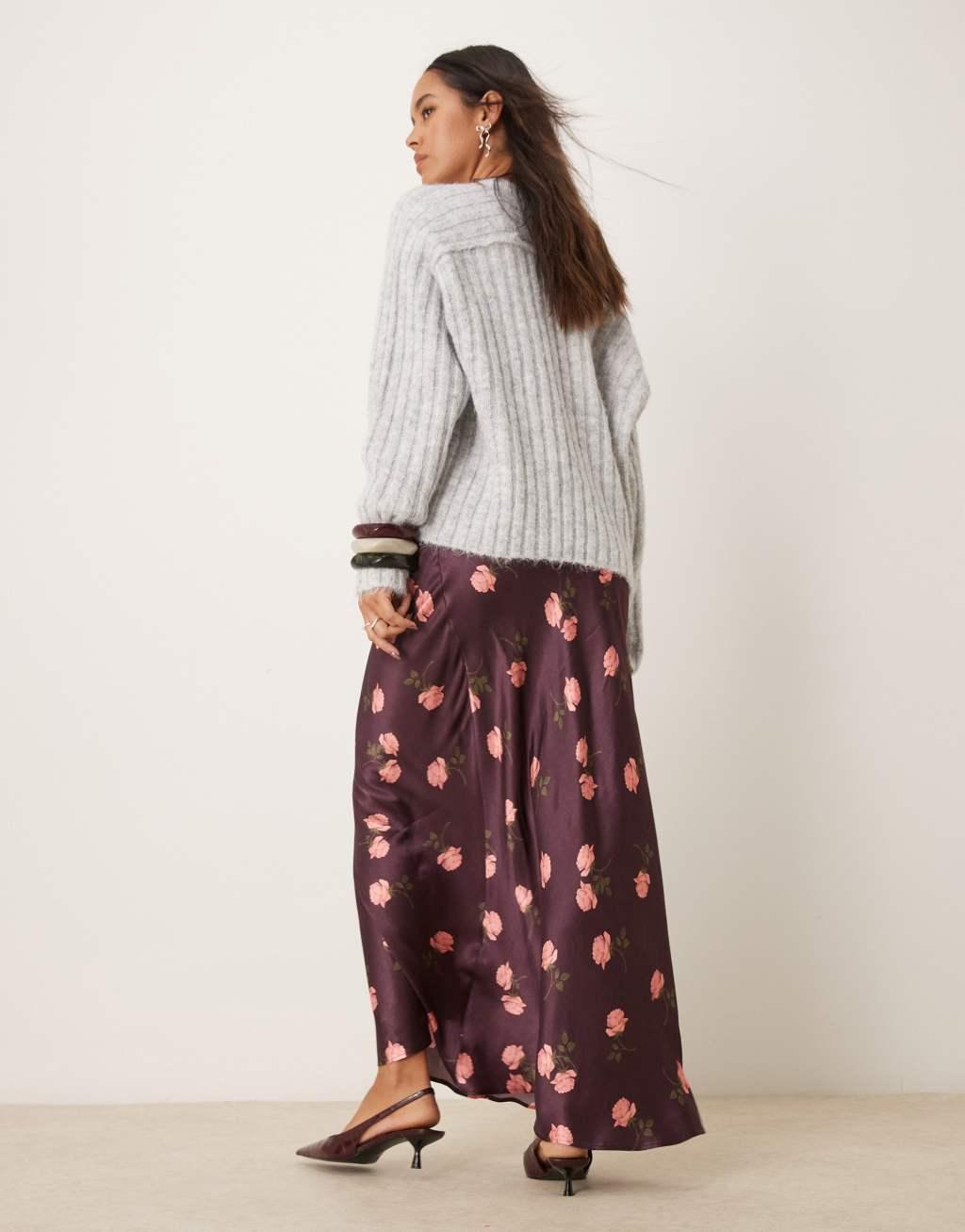 ASOS DESIGN satin bias maxi skirt in burgundy rose print Product Image