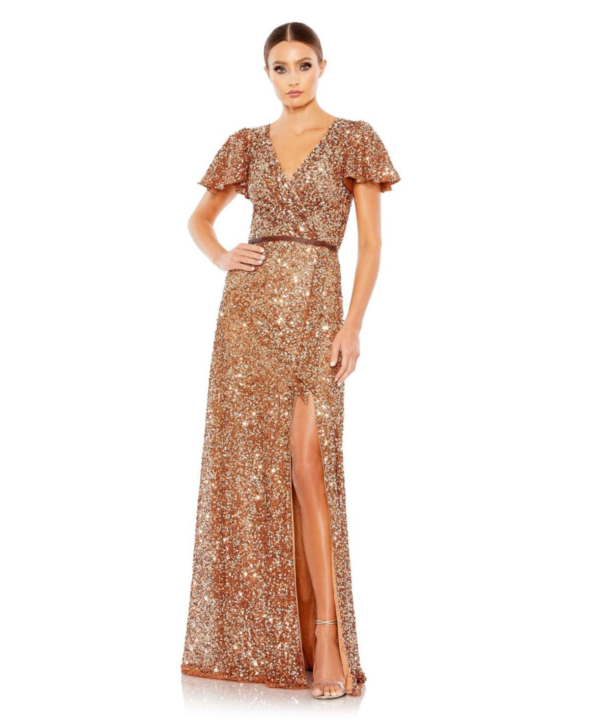 Womens Sequined Butterfly-Sleeve Gown Product Image