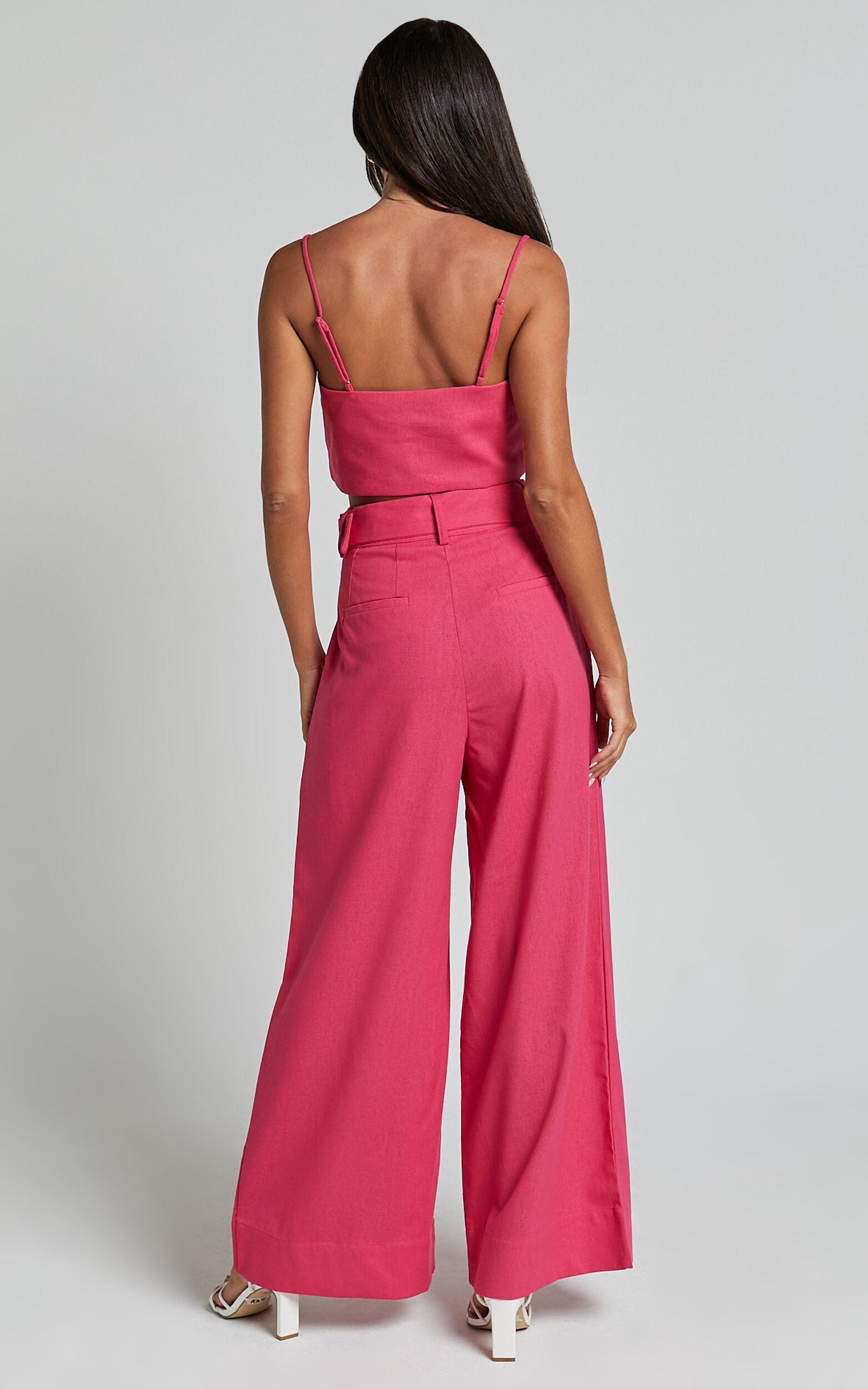 Thelma Two Piece Set - Linen Look Bandeau Crop Top and Belted Wide Leg Pants Set in Hot Pink Product Image